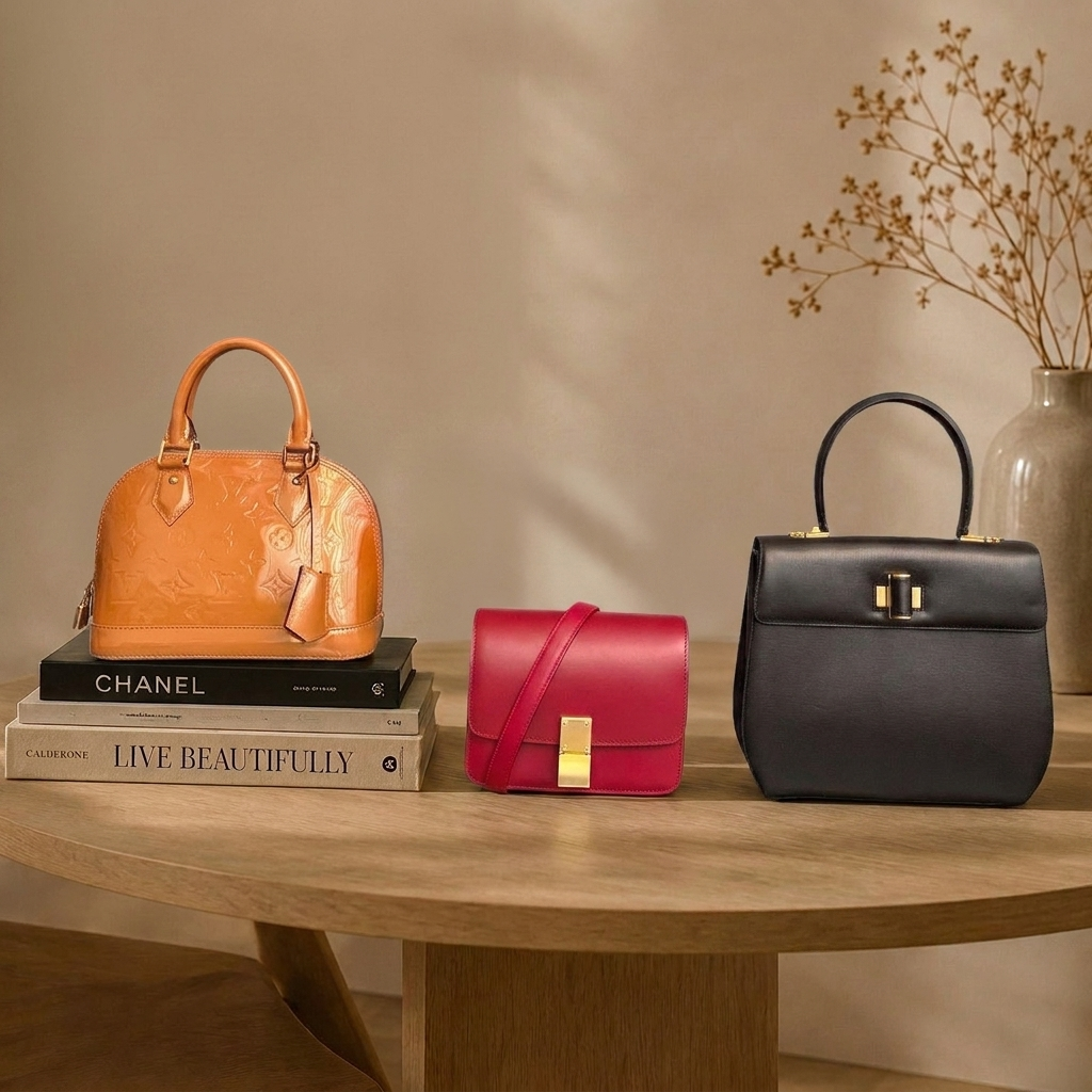 Curated luxury handbags on a wooden console